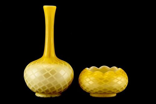 Collection of Two Canary Yellow Satin Glass Items