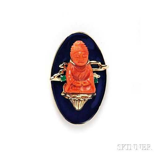 14kt Gold, Coral, and Enamel Brooch