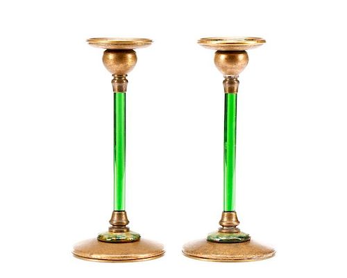 Tiffany Furnaces Emerald Glass & Bronze Candles