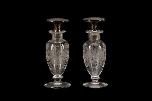 Pair of Hawkes Cut Glass Perfumes w/Sterling Lids