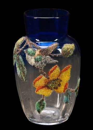 Cobalt Shaded Art Glass Vase w/Coralene Decor