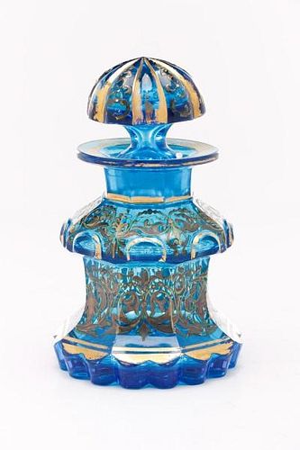 Bohemian Blue Cut Glass Enameled Bottle
