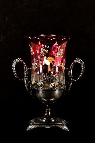 Victorian Rubina Glass & Silver Celery Vase