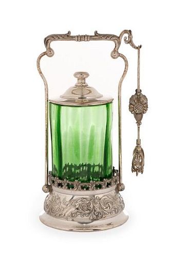 Victorian Silver & Emerald Glass Pickle Castor