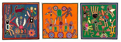 Three Multi-Colored Huichol Art Yarn Works on Wood