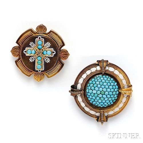 Two Antique Gold and Turquoise Pendant/Brooches