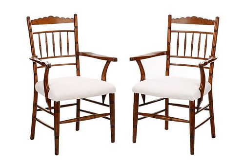 Pair, American Carved Oak Ring Turned Arm Chairs