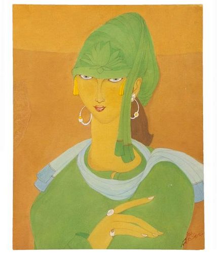 Chughtai, "Untitled (Woman with Lotus)", Signed