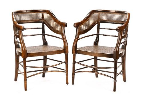 Pair, Carved and Caned Bamboo Motif Armchairs