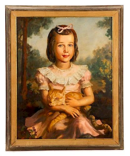 "Litte Girl with Tabby Cat", Oil on Masonite