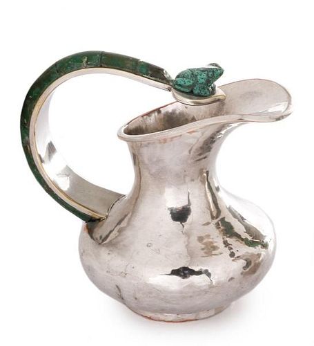 Inlaid Silver Plate Los Castillo Pitcher with Frog