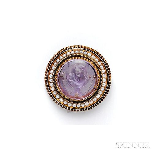 Antique Gold, Amethyst Cameo, and Split Pearl Brooch