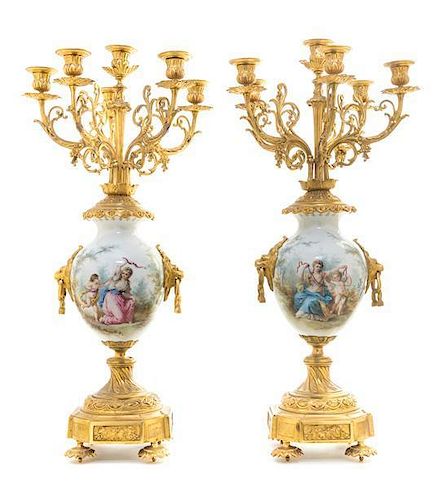 A Pair of Sevres Style Gilt Bronze Mounted Porcelain Six-Light Candelabra, Height 27 1/4 inches.