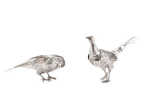 Pair of Fine Large 800 Silver Pheasant Sculptures