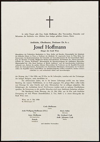 Obituary Josef Hoffmann offset printing/paper, 29.8 x 21 cm