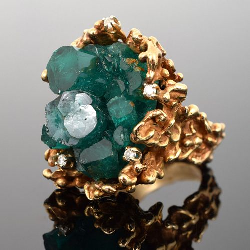 18K Gold Nugget, Diamond & Emerald Ring