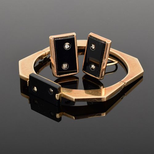 14K Gold, Diamond & Black Onyx Bracelet & Earring Set