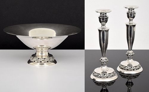 Mueck-Carey Co. Sterling Silver Pair of Candlesticks & Bowl 