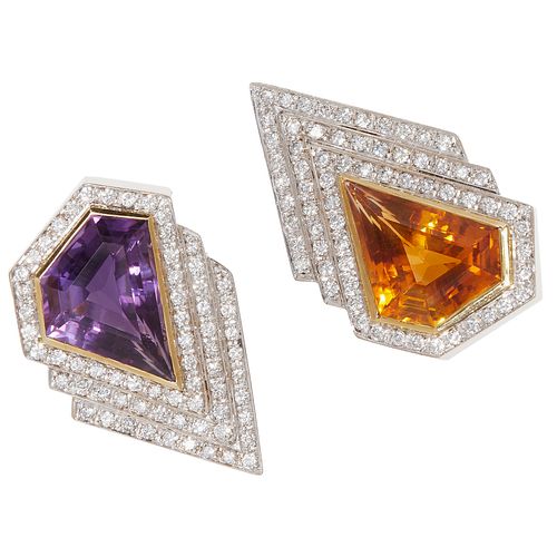 IMPRESSIVE PAIR OF CITRINE AND AMETHYST BROOCHES