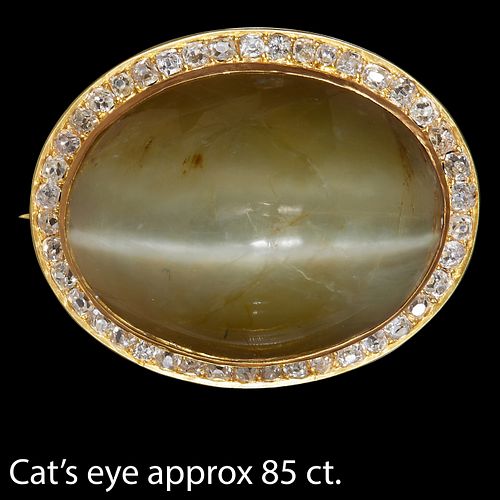 IMPORTANT CATS EYE AND DIAMOND BROOCH