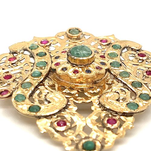 Indian Victorian 18k Rubies, Emerald, Sapphire Pendant-BroochÂ 