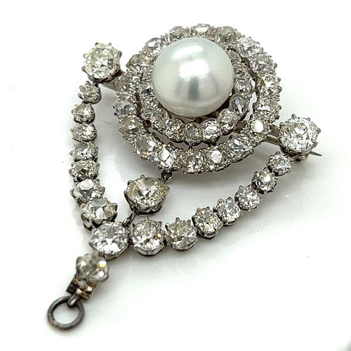 Belle Epoque Platinum Diamond & South Sea Pearl Brooch/Pendant