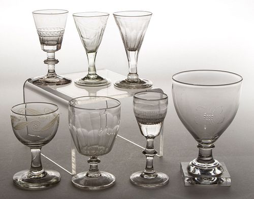 ASSORTED BLOWN GLASS DRINKING ARTICLES, LOT OF SEVEN