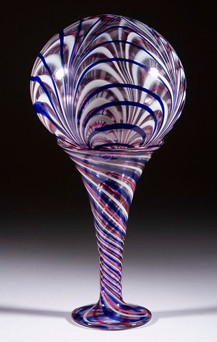 FREE-BLOWN CANDY-STRIPE SWIRL TRUMPET VASE AND WITCH BALL