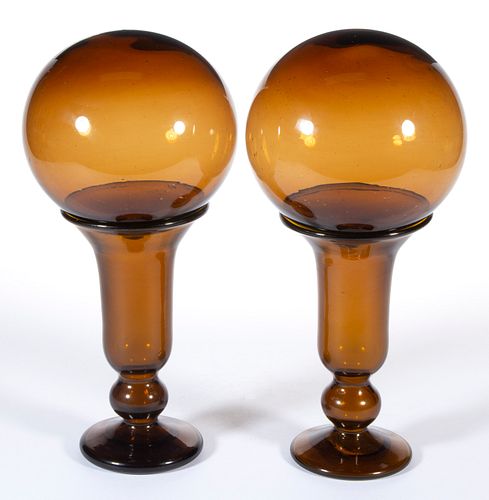 FREE-BLOWN GLASS PAIR OF VASES WITH MATCHING WITCH BALLS