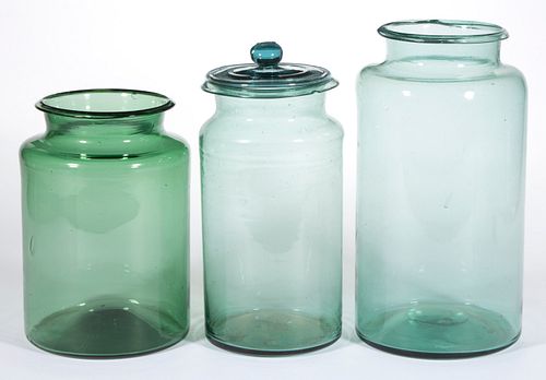 ASSORTED FREE-BLOWN GLASS STORAGE JARS, LOT OF THREE