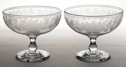 FREE-BLOWN AND ENGRAVED GLASS PAIR OF OPEN COMPOTES