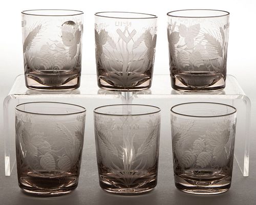 FREE-BLOWN AND ENGRAVED MASONIC GLASS TUMBLERS, LOT OF SIX