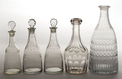 ASSORTED CUT GLASS DECANTERS, LOT OF FIVE