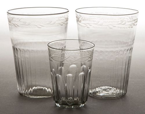 PATTERN-MOLDED AND ENGRAVED FLIP GLASSES, LOT OF THREE