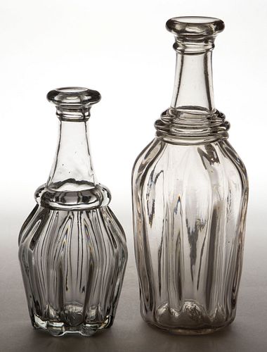 PILLAR-MOLDED DECANTERS, LOT OF TWO