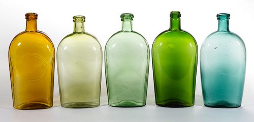 ASSORTED BLOWN-MOLDED GLASS QUART FLASKS, LOT OF FIVE