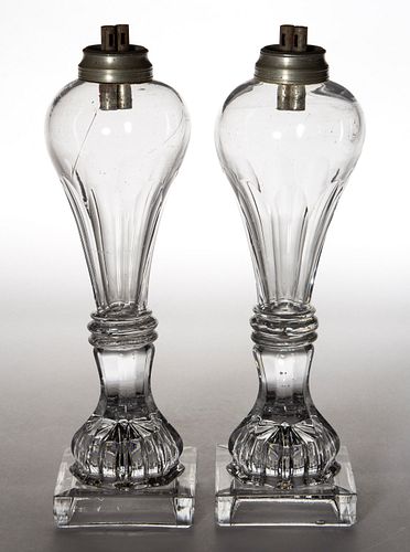 FREE-BLOWN, CUT, AND PRESSED PAIR OF FLUID / WHALE OIL STAND LAMPS, LOT OF TWO