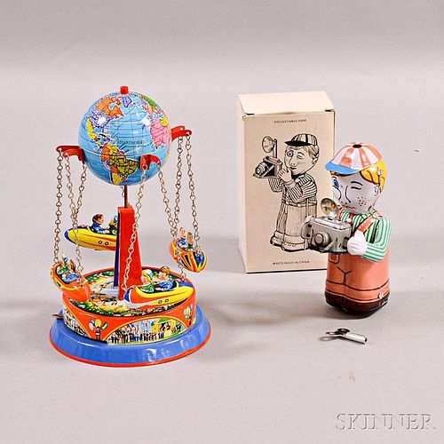 Josef Wagner Tin Carousel and a Modern Tin Wind-up Toy of a Photographer.