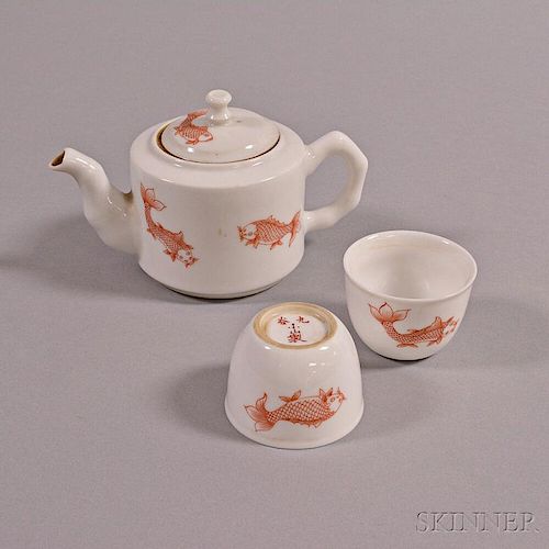 Kutani White Porcelain Covered Teapot and Two Cups