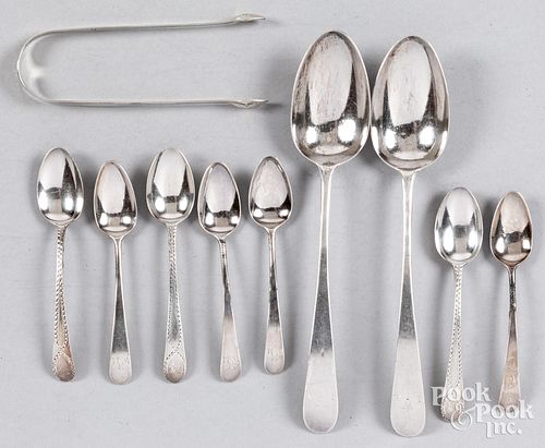English silver spoons and sugar tongs