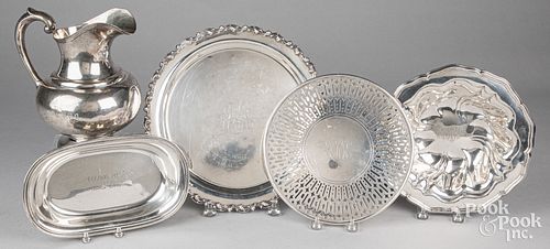 Sterling silver serving trays and pitcher