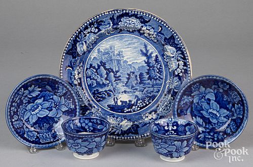 Blue Staffordshire plate and two cups and saucers.