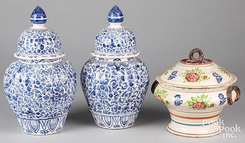 Pair of Delft covered urns, and a faience dish