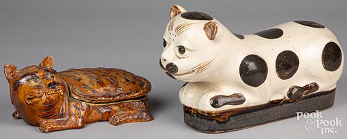 Chinese pottery cat figure and covered dish