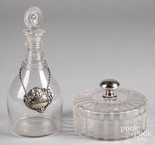 Early glass decanter and etched glass bowl