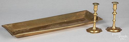 Brass tray, together with a pair of candlesticks