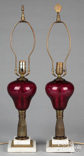 Pair of etched ruby glass table lamps