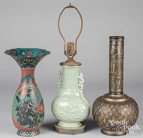 Chinese celadon table lamp and two vases