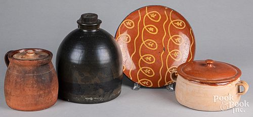 Four pieces of redware and stoneware