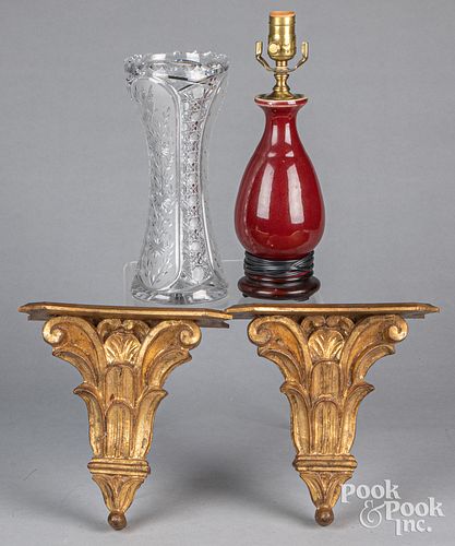 Chinese table lamp, a cut glass vase and shelves